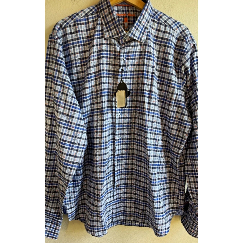 NWT Visconti Black Mens XL Blue White Orange Plaid Cotton Button Up Long Sleeve